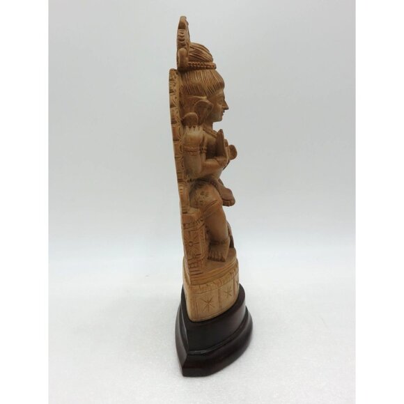 Hand-Carved Wooden Indian Statue With Intricate Detailing and Dark Base 9" Tall - Picture 4 of 11
